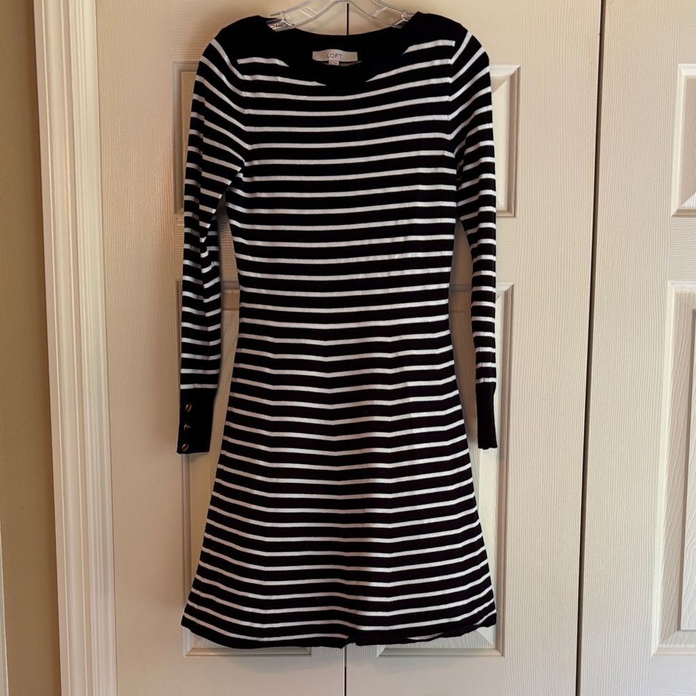 LOFT Black and White Striped Long Sleeve Dress